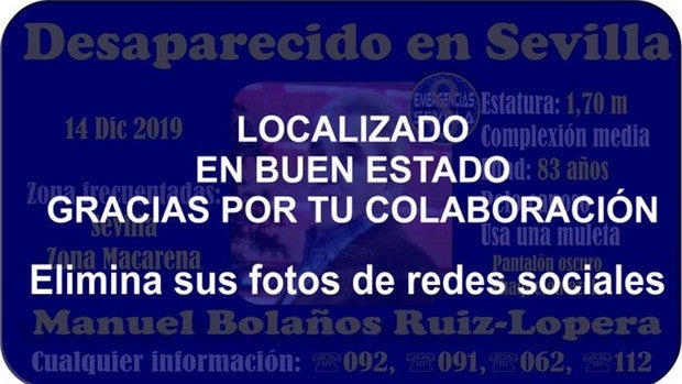 Encuentran al anciano desaparecido en el entorno de La Macarena