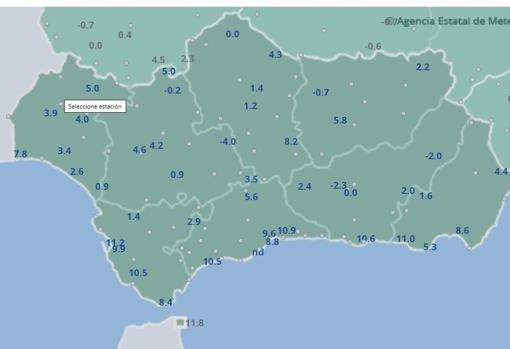 Temperaturas mínimas registradas este jueves en Andalucía