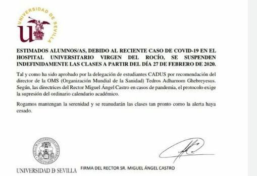 Falso comunicado en el que se anunciaba la suspensión de las clases en la US