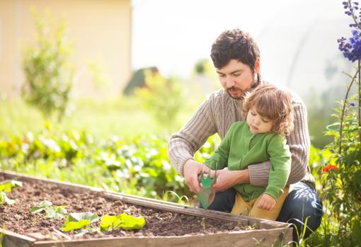 Padre e hija trabajan juntos en un jardín