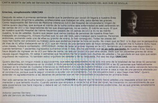 Carta de Antonio Lesmes, jefe de la UCI de Valme, a los trabajadores del hospital