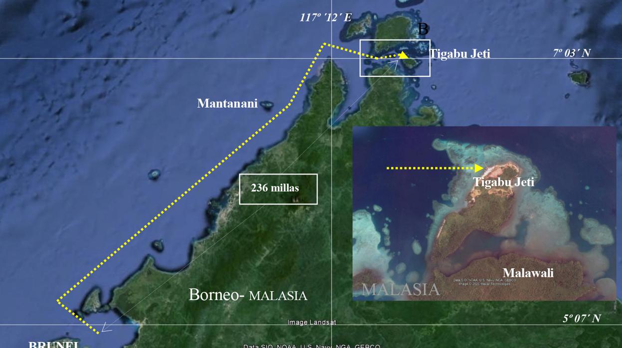 Recorrido realizado por la flota que dio la primera vuelta al mundo bordeando las costas de la isla de Borneo