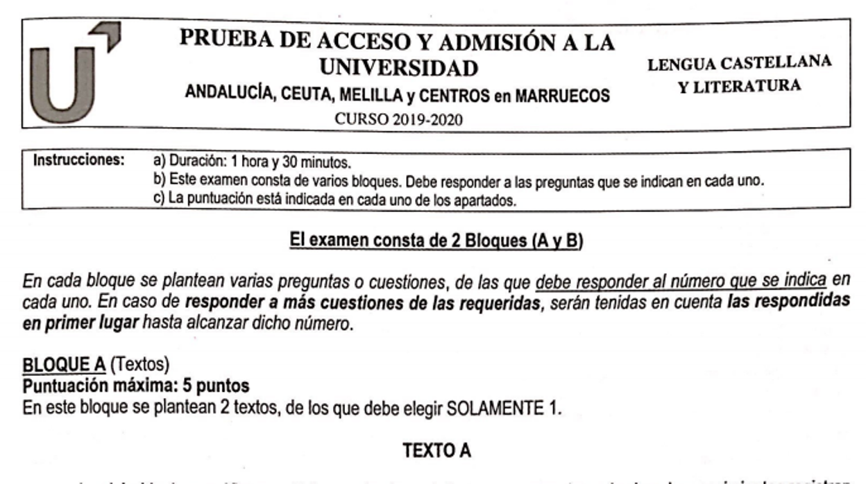 Selectividad 2020 en Andalucía: Así es el examen de Lengua Castellana y Literatura