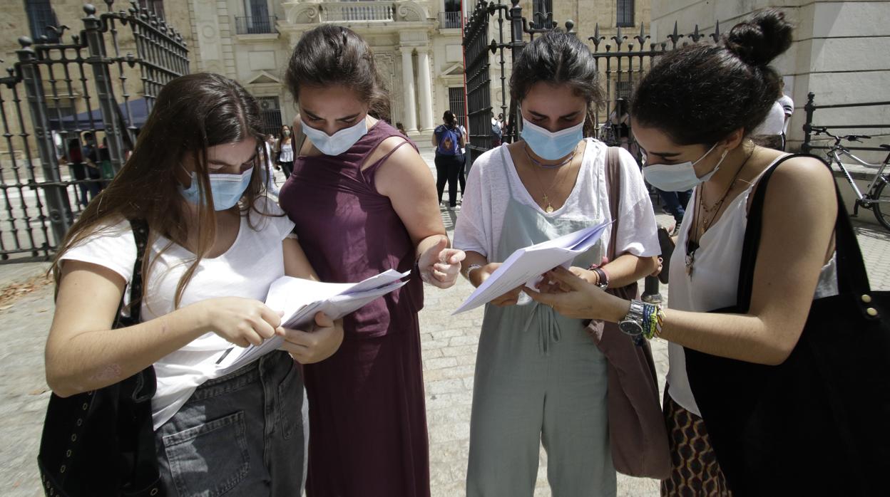 Cuatro jóvenes revisan sus apuntes en la convocatoria de julio