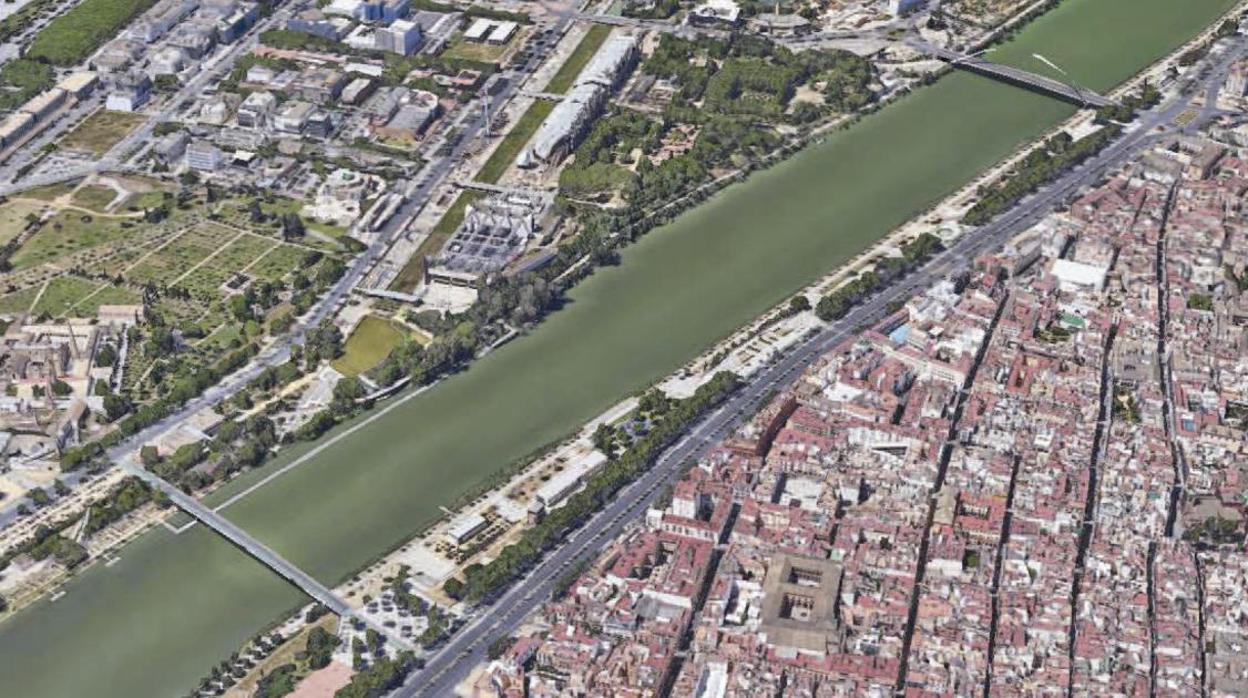 Vista cenital del río y el paseo de la calle Torneo