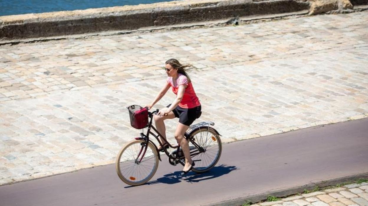 Una joven circula con su bicicleta por Sevilla