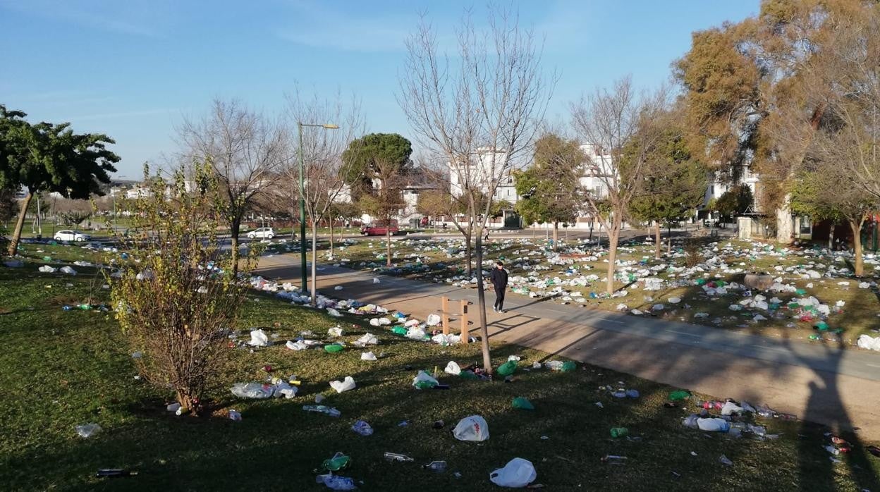 Restos que dejó la botellona en el parque del Guadaíra con motivo del derbi sevillano