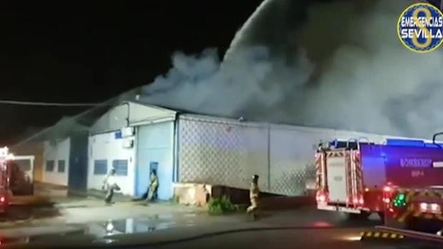 Once vehículos calcinados en el incendio de una nave industrial en el Polígono El Pino de Sevilla