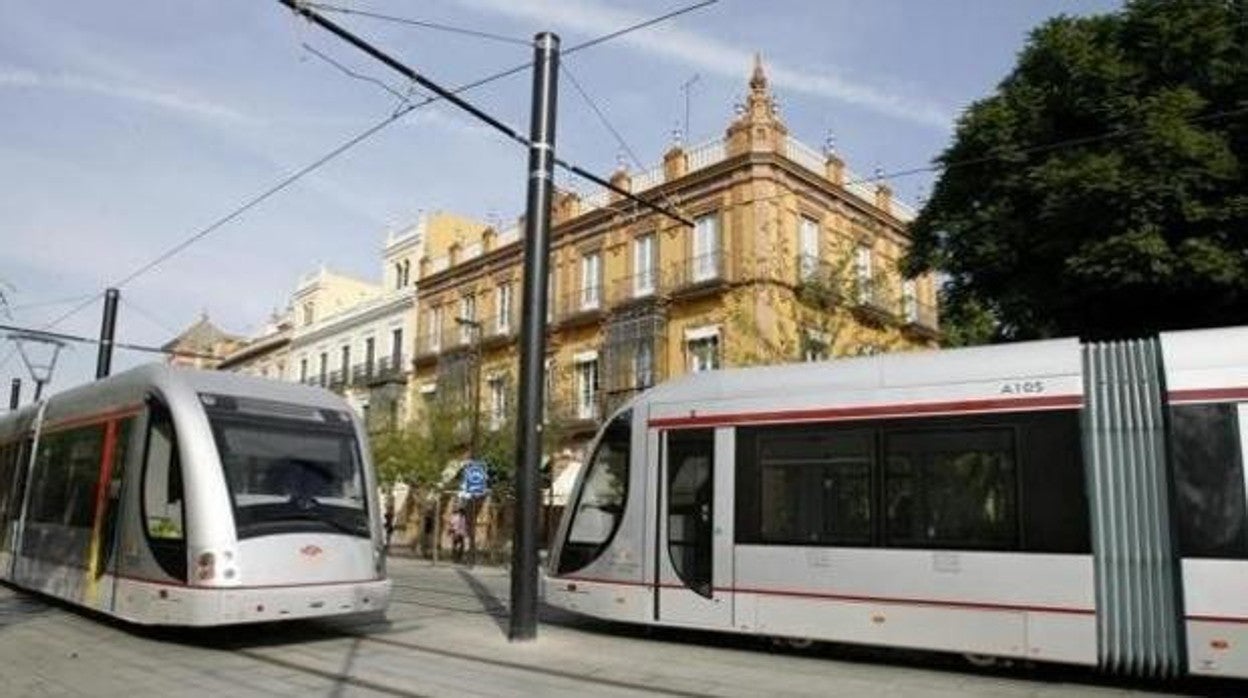 Varios trenes del tranvía de Sevilla, en la zona de la calle San Fernando