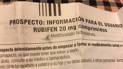 Prospecto de Rubifen, uno de los nombres con los que se comercializa el metilfenidato hidrocloruro