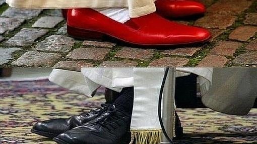 Arriba, los zapatos de Benedicto XVI, abajo, los de Franciso