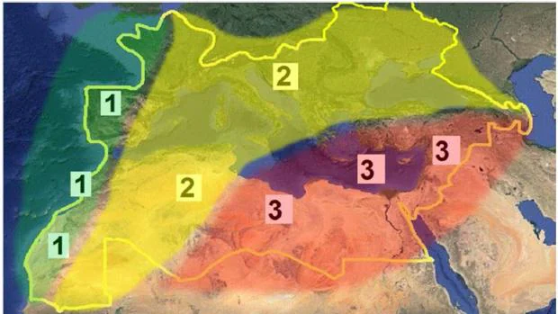 La franja roja señala la zona de la región mediterránea donde hay más probabilidades de que las temperaturas sean muy altas por encima de la media. En amarilla, ligeramente por encima de la media y en la zona 1, valores normales