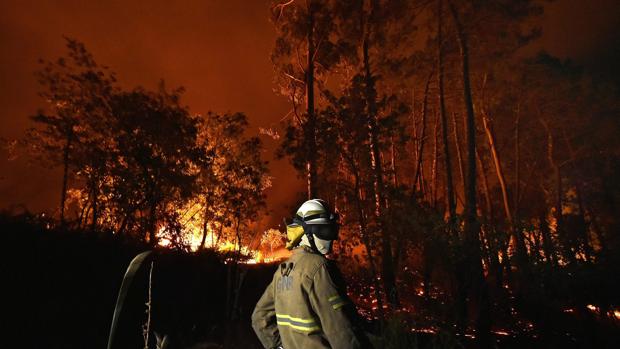 Labores de extinción del incendio forestal que afecta a las localidades de Couto de e Cima y Couto de Baixo
