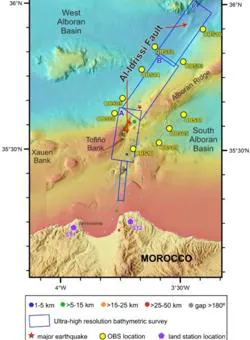 Localización de las estaciones sísmicas submarinas que se situarán en la zona de la falla Al-Idrissi, en el Mar de Alborán,