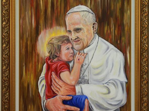 El cuadro que han regalado al Papa Francisco con el niño Jesús vestido de Aylan