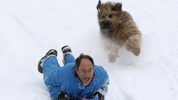 Un hombre se desliza por una colina nevada en compañía de su perro en Central Park, Nueva York