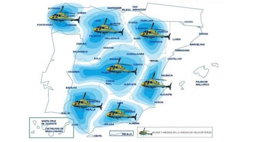 Reparto de los helicópteros de la DGT por áreas de influencia