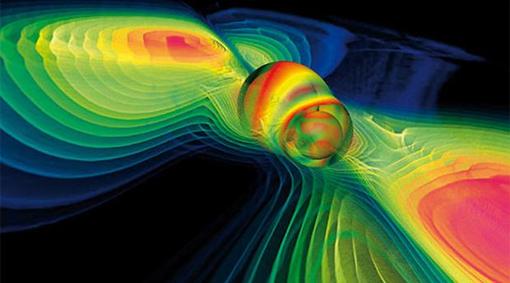 Simulación por ordenador de la fusión de dos agujeros negros y de ondas gravitacionales liberadas