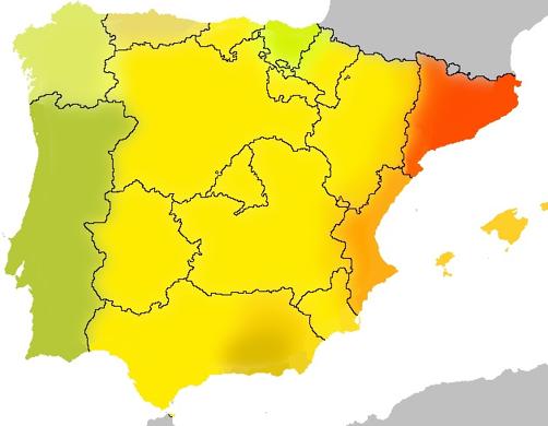 Lenguas de signos en España: la LSE en amarillo, LSC en rojo y LSCV en anaranjado, estas dos últimas así como otras variaciones en colores que se alejan del espectro del amarillo en función de su grado de diferenciación de la LSE