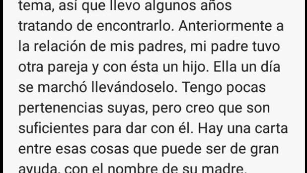 Uno de los mensajes que Silvia Falcón difundió en Twitter para que la ayudarana a encontrar a su hermano