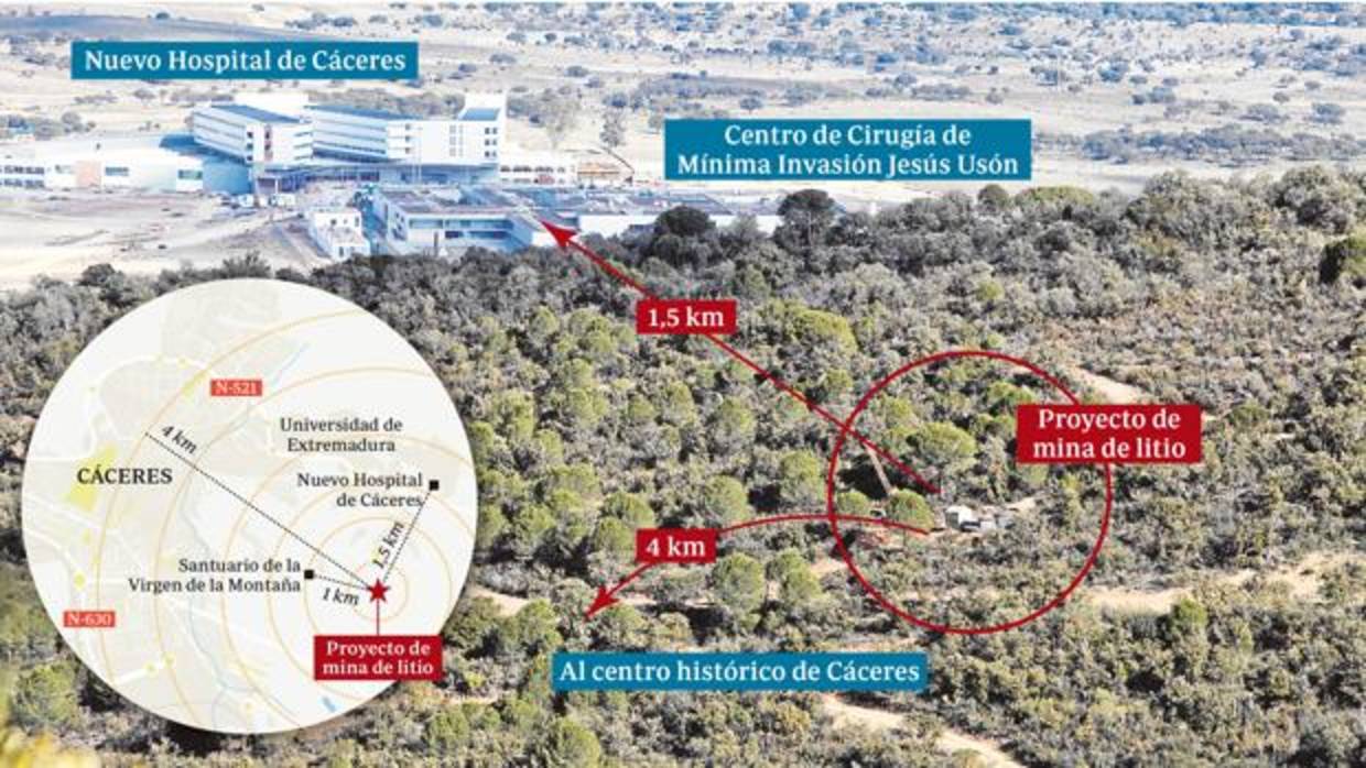 Zona donde se ha hallado el yacimiento de litio, próximo al centro histórico de Cáceres y al nuevo hospital