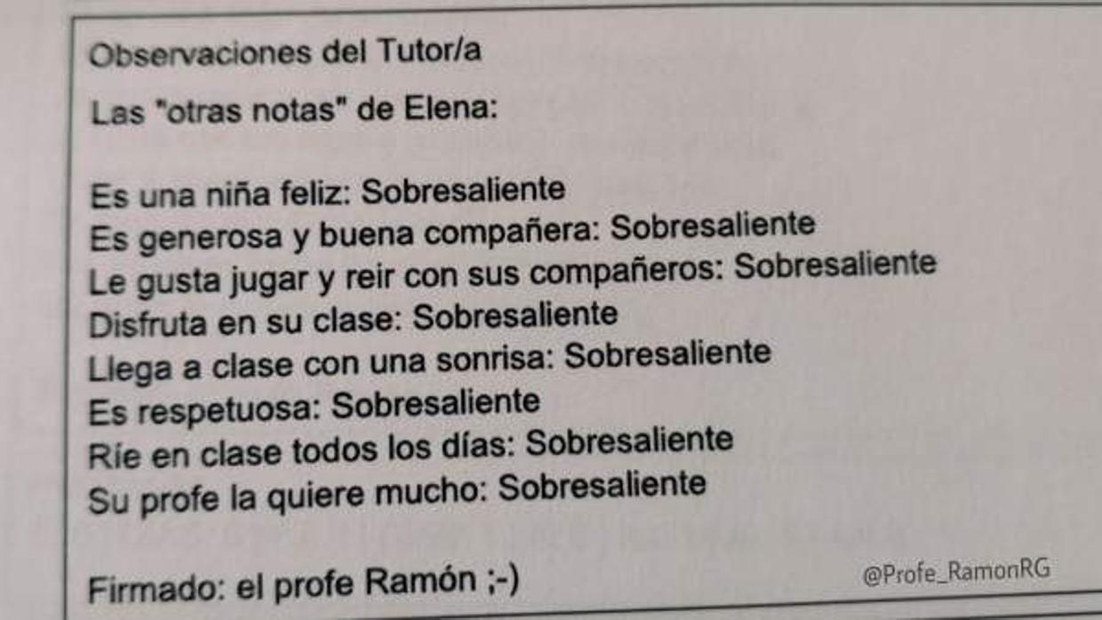 Las «otras notas» del profesor Ramón que valoran lo «importante de verdad»