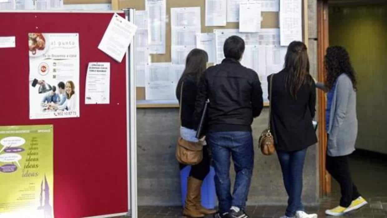 Un grupo de alumnos consulta unas notas en el tablón de una facultad de la Universidad de Oviedo