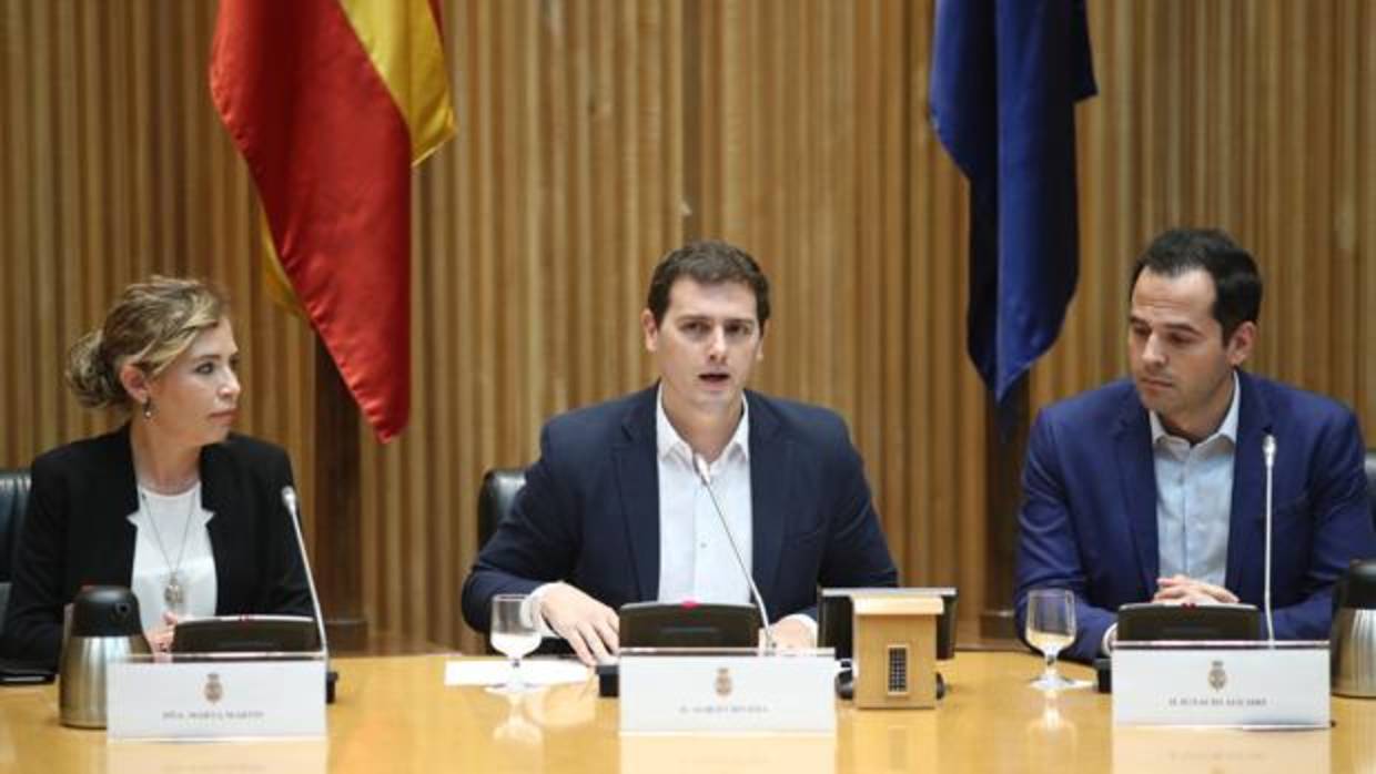 Marta Martín, Albert Rivera e Ignacio Aguado, ayer presentando el Proyecto de Ley en el Congreso