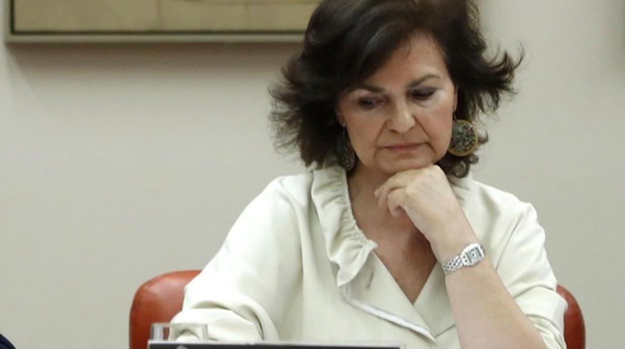 Carmen Calvo, durante su comparecencia ante la Comisión de Igualdad en el Congreso