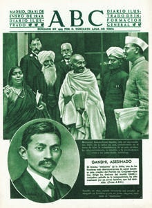 El 30 de enero de 1948, Gandhi fue asesinado por un radical hindú. Uno de los suyos llevó a cabo el homicidio del hombre que siempré defendió la no violencia. Esta fue la portada de ABC el 31 de enero de 1948.