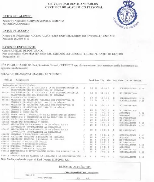Certificado académico del máster realizado por Carmen Montón