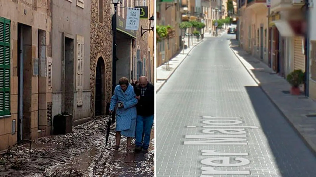Una calle de Sant Llorenç des Cardassar, antes y después de la tragedia