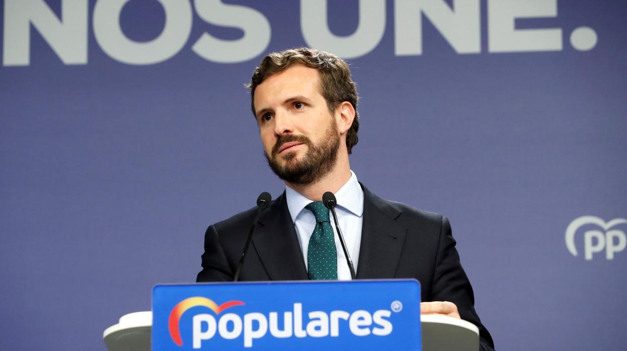 El líder del PP, Pablo Casado, en una rueda de prensa