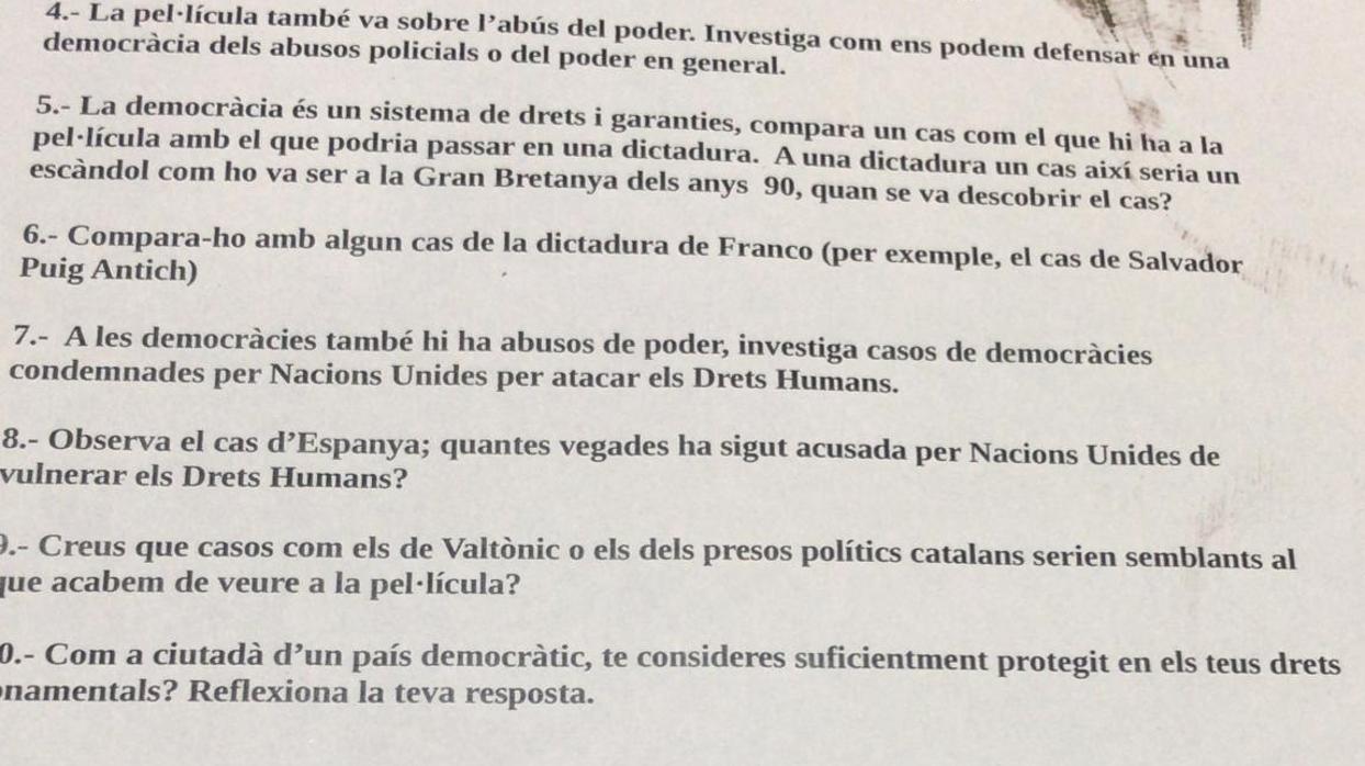 Un colegio de Palma pidió a los alumnos de Ética que opinasen sobre los «presos políticos catalanes»