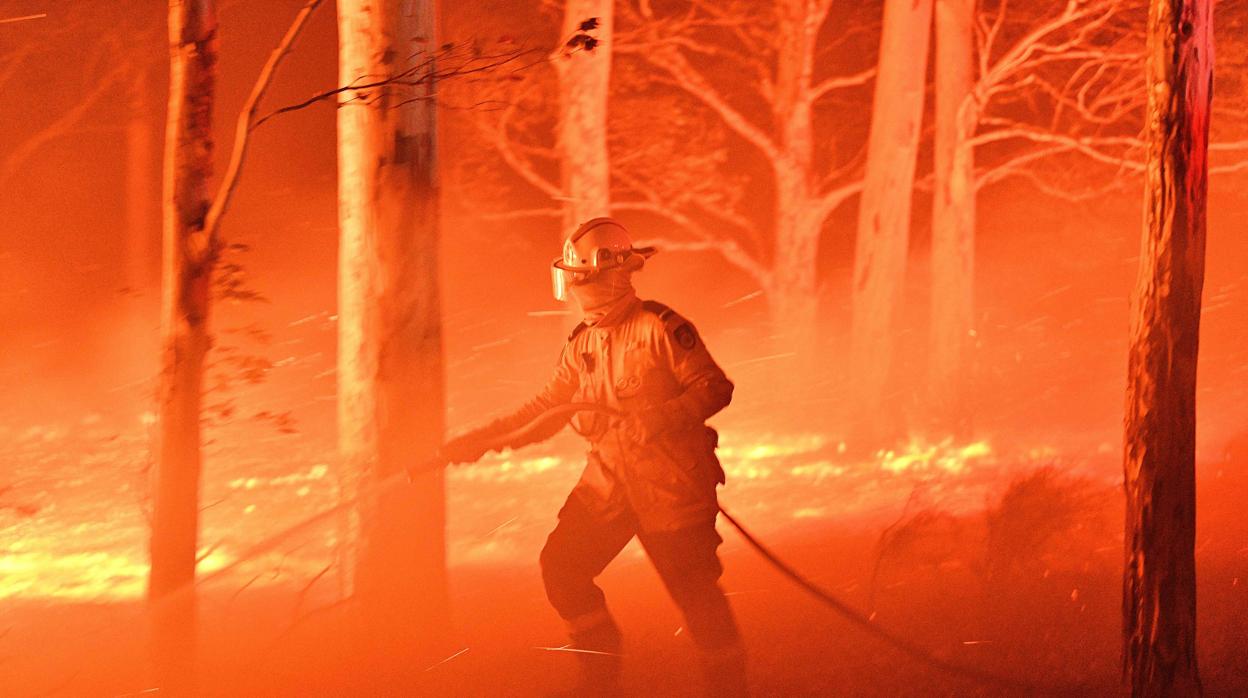 Un bombero intenta sofocar el fuego en un bosque de Nueva Gales del Sur (Australia)