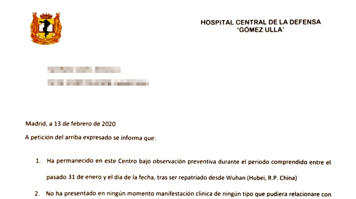 Certificado recibido por los repatriados de Wuhan expedido por el Hospital Gómez Ulla