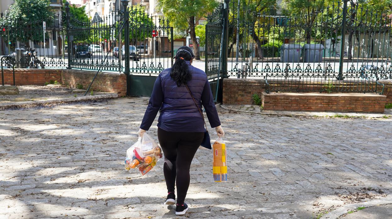 Una mujer con bolsas de comida