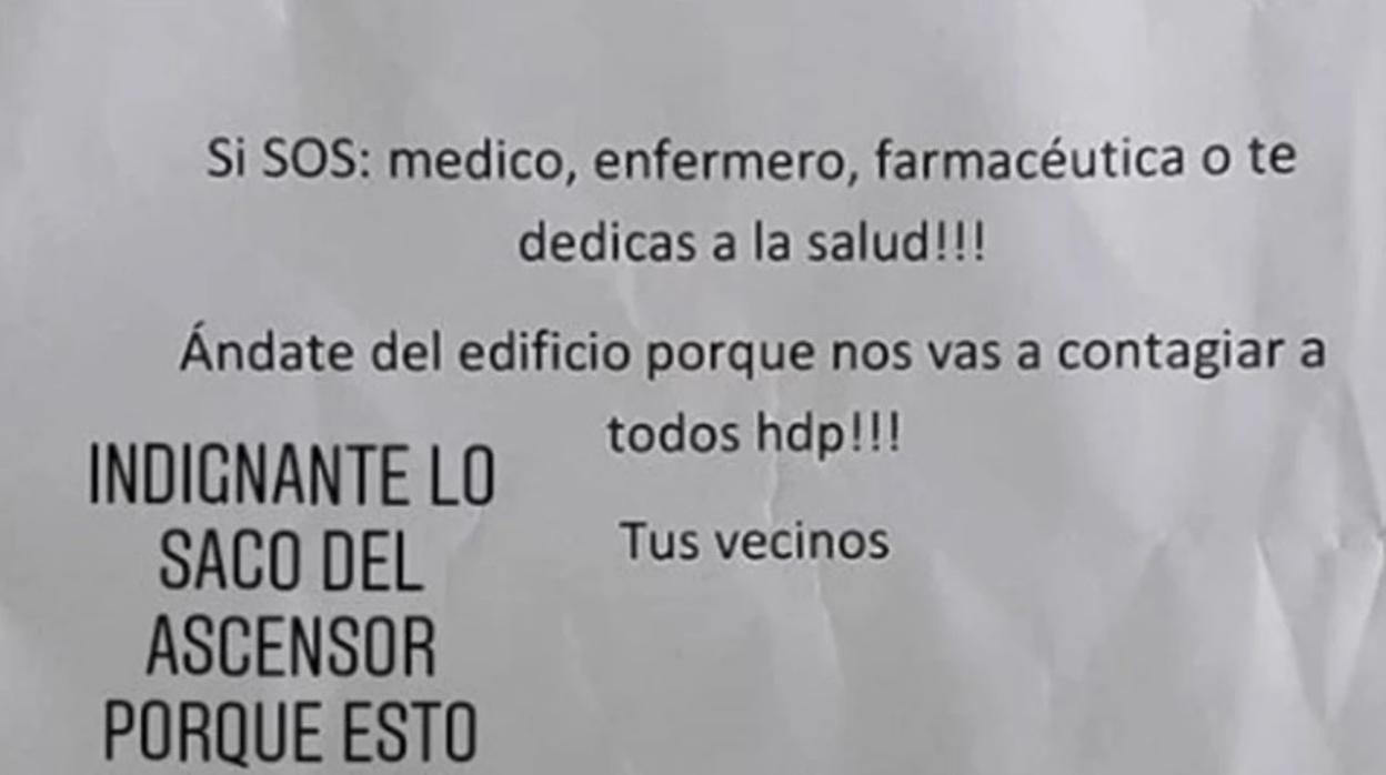 El cruel mensaje de unos vecinos a unos sanitarios por el coronavirus