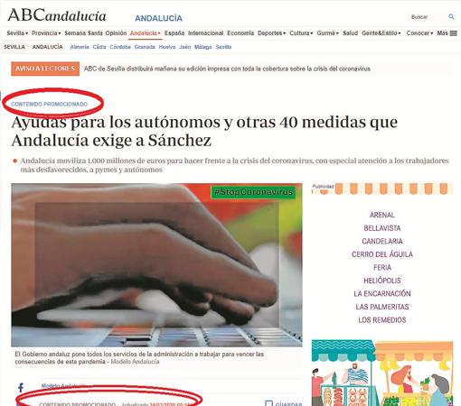 Claramente identificado: En las informaciones publicadas por ABC Andalucía se especificaba al comienzo y al final de las mismas que era un contenido promocionado