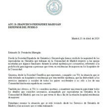 Carta del presidente de la Sociedad científica de Geriatría al Defensor del Pueblo, el pasado 21 de abril