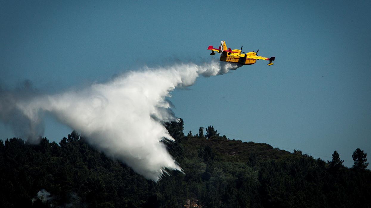 Un hidroavión realiza labores de extinción en un incendio forestal