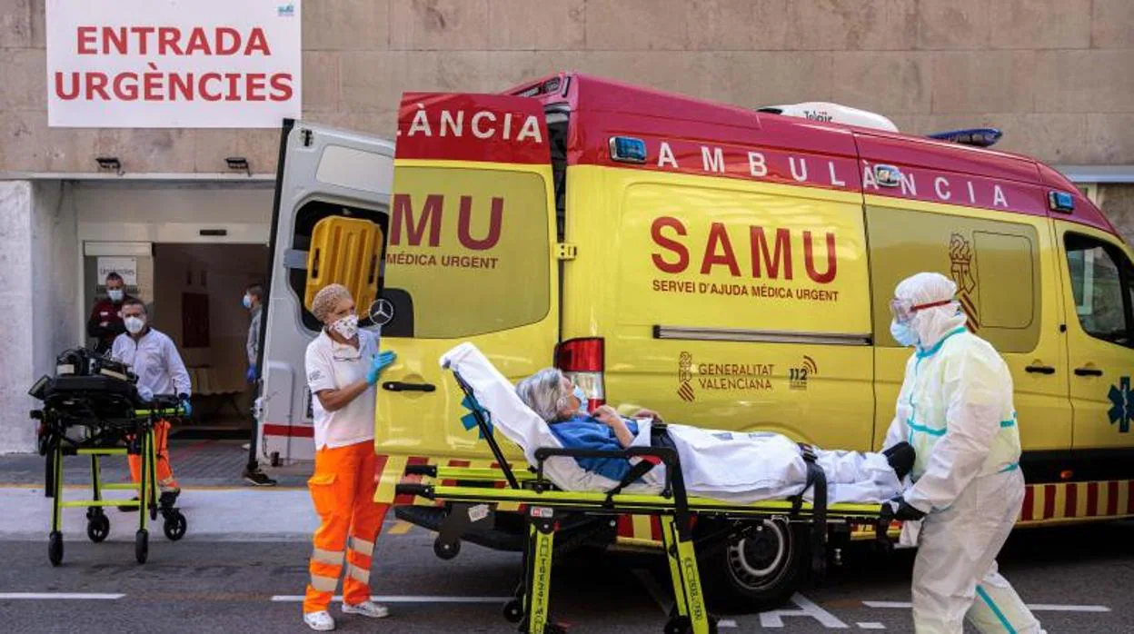 Sanitarios con equipo de protección especial trasladan a un paciente al Hospital Clínico de Valencia