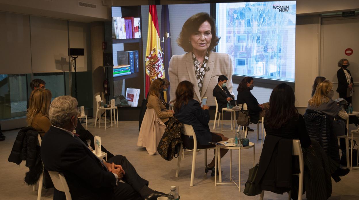 La vicepresidenta del Gobierno Carmen Calvo, en su intervención del Santander WomenNOW Reset