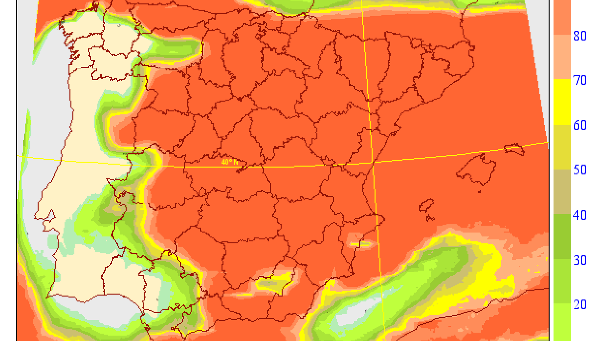 Probabilidad de precipitación de al menos 2 mm en la Península y Baleares. En rojo, probabilidad del 100%