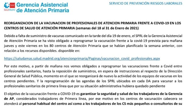 Madrid suspende la vacunación a sanitarios de Atención Primaria por falta de dosis