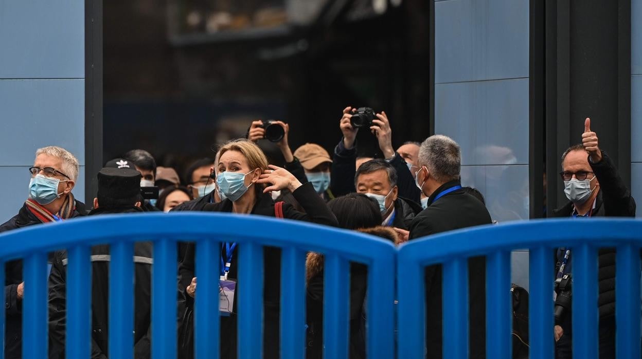 Expertos de la OMS, tras una valla de seguridad en las inmediaciones del mercado de Wuhan en el que se cree que pudo surgir el coronavirus