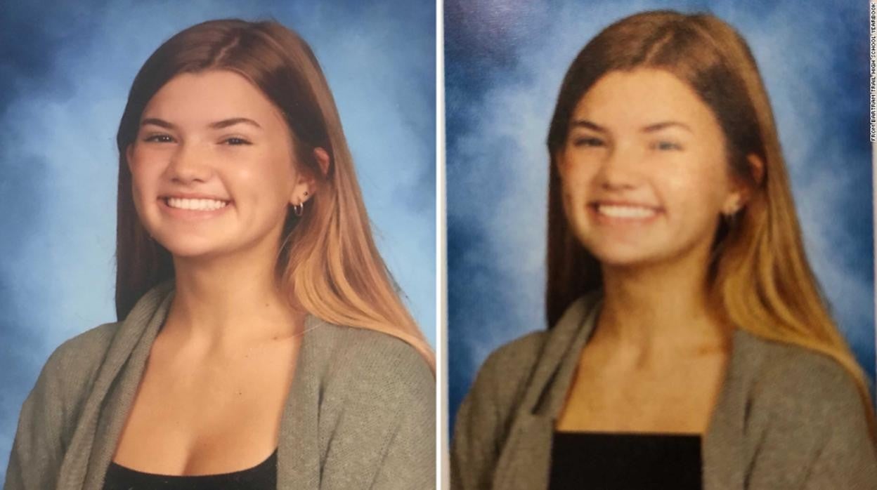 La joven de 15 años Riley O'Keefe, en su foto original y en la que apareció en su anuario