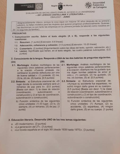 Así son los exámenes de Lengua e Historia de la EBAU de este año