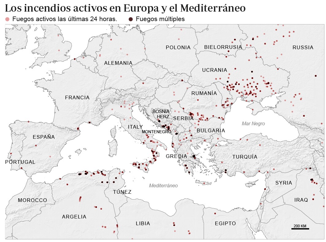 Gráfico que muestra los incendios activos actualmente en Europa
