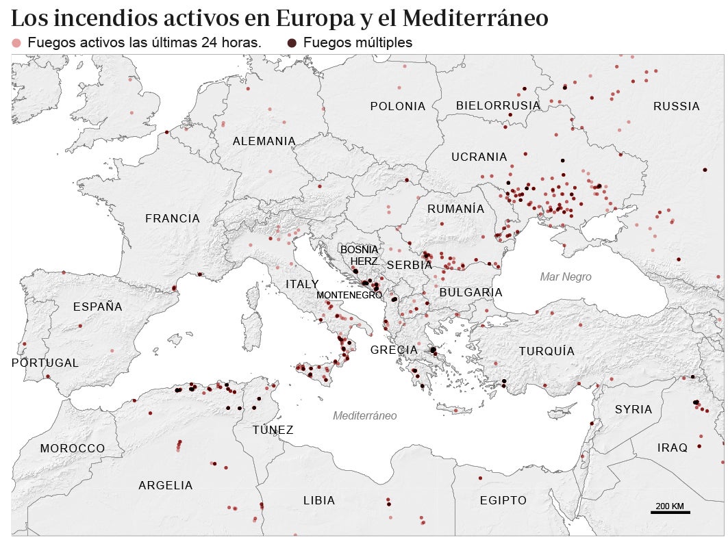 Gráfico que muestra los incendios activos actualmente en Europa